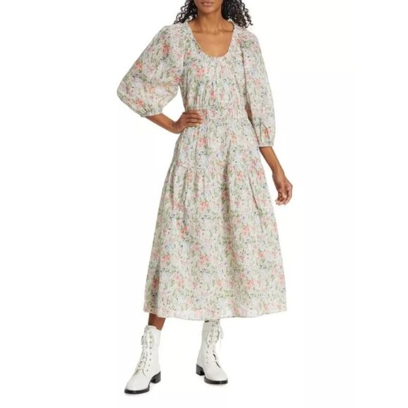 THE GREAT The Moonstone Floral Midi Dress Smocked Ruffle Cotton M-2 New